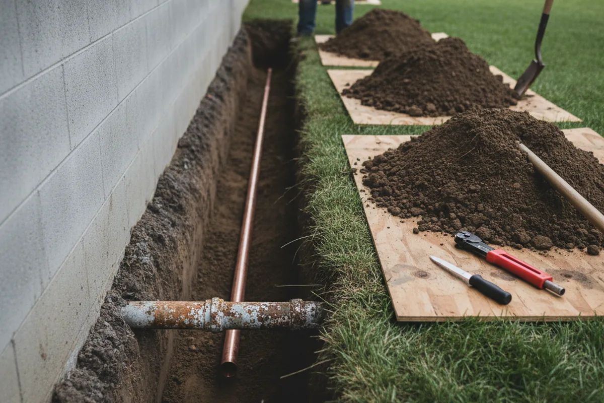 Excavated water line trench during Sewer Line Repair in Billings